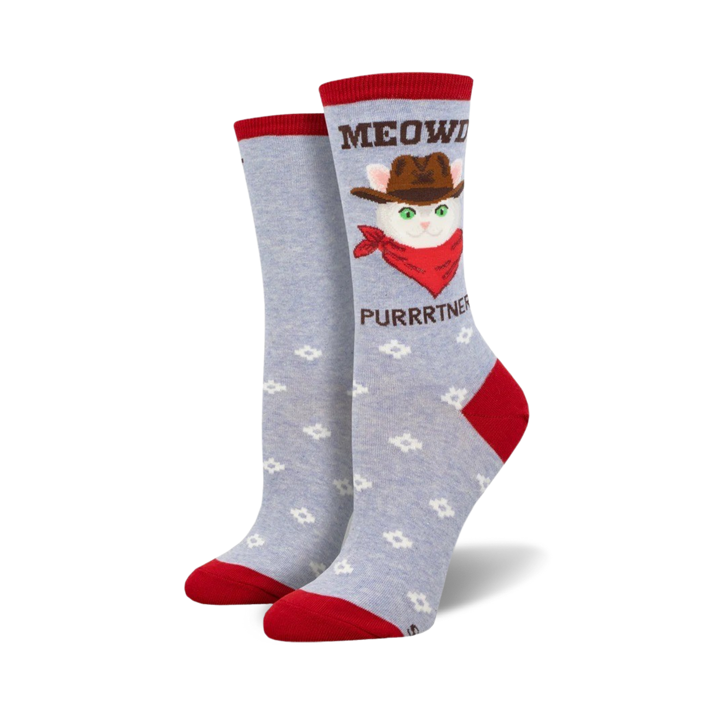 Crew socks in light blue with a repeating flower pattern.  Feature a cowboy cat graphic with the text 'MEOWDY PURRRRTNER'. Red accents on cuff and heel.