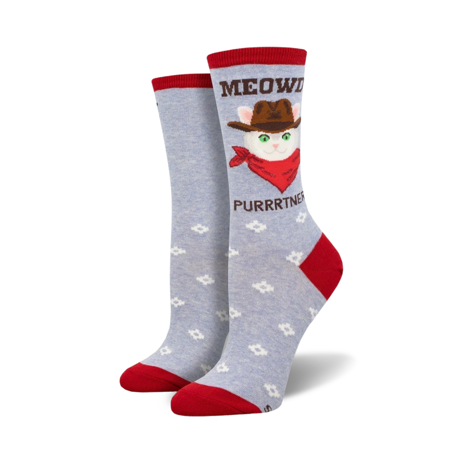 Crew socks in light blue with a repeating flower pattern.  Feature a cowboy cat graphic with the text 'MEOWDY PURRRRTNER'. Red accents on cuff and heel.