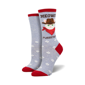 gray cat socks with red accents and a cowboy cat with "meowdy purrtner" text.   