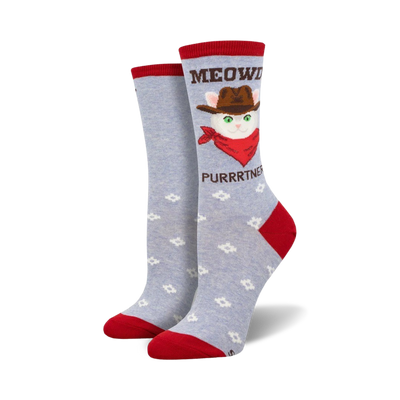 gray cat socks with red accents and a cowboy cat with "meowdy purrtner" text.   