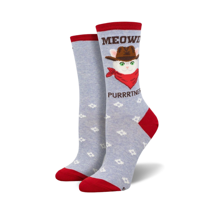 gray cat socks with red accents and a cowboy cat with 