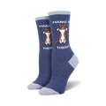 Pair of women's crew socks, navy blue with light blue cuffs. Feature an illustration of an orange tabby cat hanging from a bar with the text 'Hang in There'.