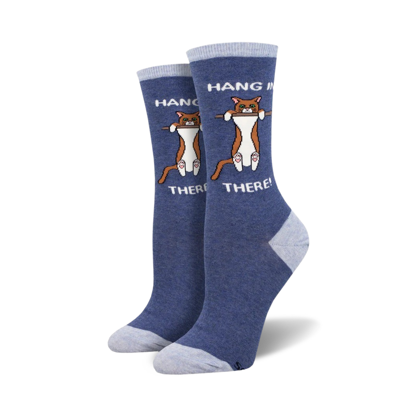 Pair of women's crew socks, navy blue with light blue cuffs. Feature an illustration of an orange tabby cat hanging from a bar with the text 'Hang in There'.