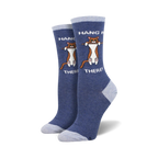 Pair of women's crew socks, navy blue with light blue cuffs. Feature an illustration of an orange tabby cat hanging from a bar with the text 'Hang in There'.