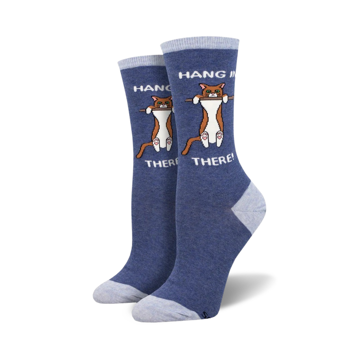 Pair of women's crew socks, navy blue with light blue cuffs. Feature an illustration of an orange tabby cat hanging from a bar with the text 'Hang in There'.