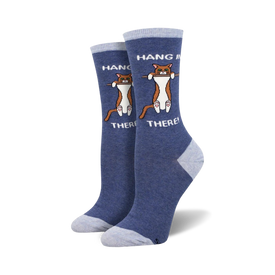 blue and white womens crew socks with orange cat clinging to a branch picture and "hang in there" message  