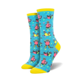 Pair of women's crew socks in teal, featuring a pattern of grey cats in bright pink and neon yellow Jazzercise outfits. Musical notes are scattered throughout.