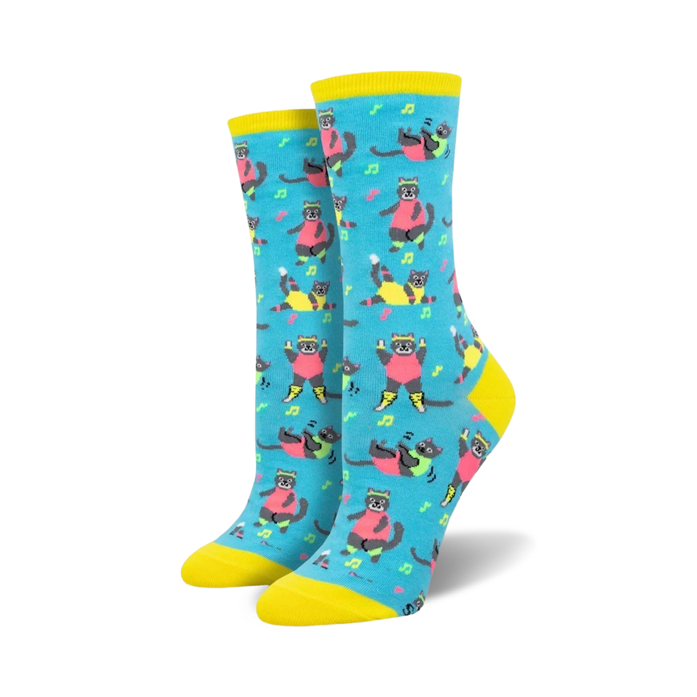 Pair of women's crew socks in teal, featuring a pattern of grey cats in bright pink and neon yellow Jazzercise outfits. Musical notes are scattered throughout.