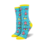 Pair of women's crew socks in teal, featuring a pattern of grey cats in bright pink and neon yellow Jazzercise outfits. Musical notes are scattered throughout.