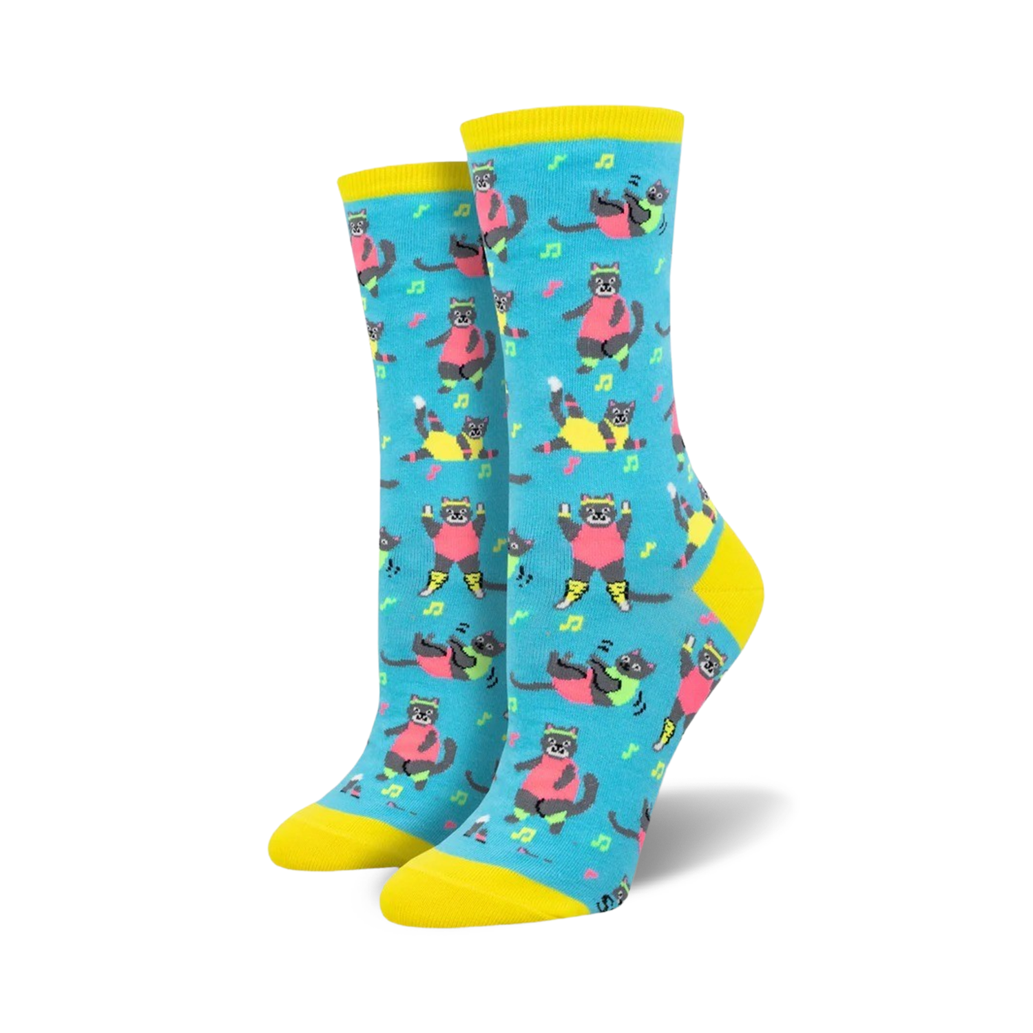 Pair of women's crew socks in teal, featuring a pattern of grey cats in bright pink and neon yellow Jazzercise outfits. Musical notes are scattered throughout.