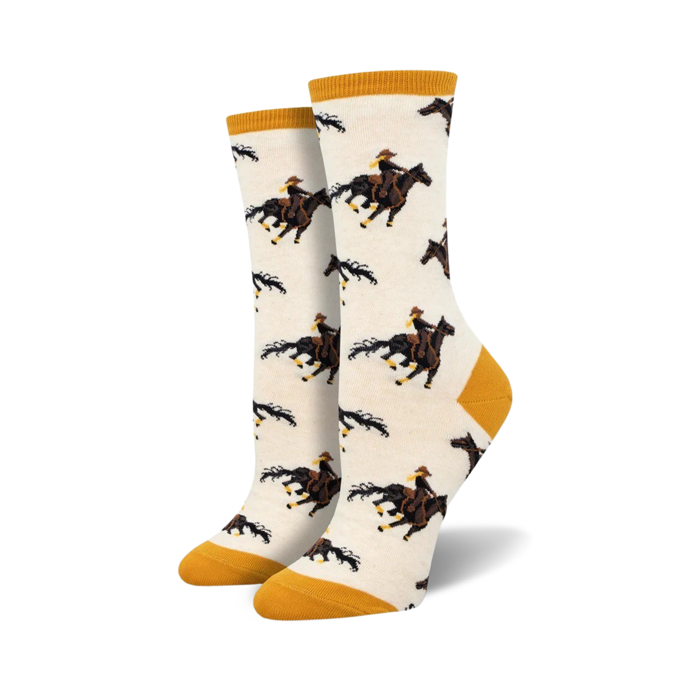 Pair of cream crew socks with a repeating pattern of brown cowboys riding brown horses. Mustard yellow accents at the cuffs.