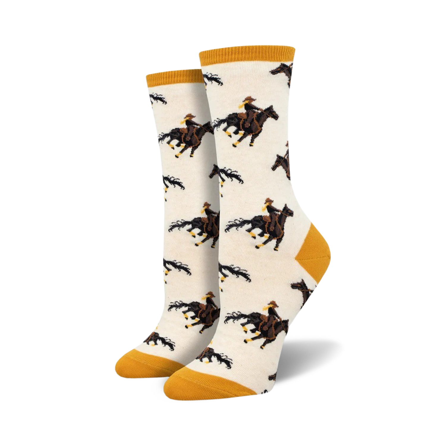 Pair of cream crew socks with a repeating pattern of brown cowboys riding brown horses. Mustard yellow accents at the cuffs.