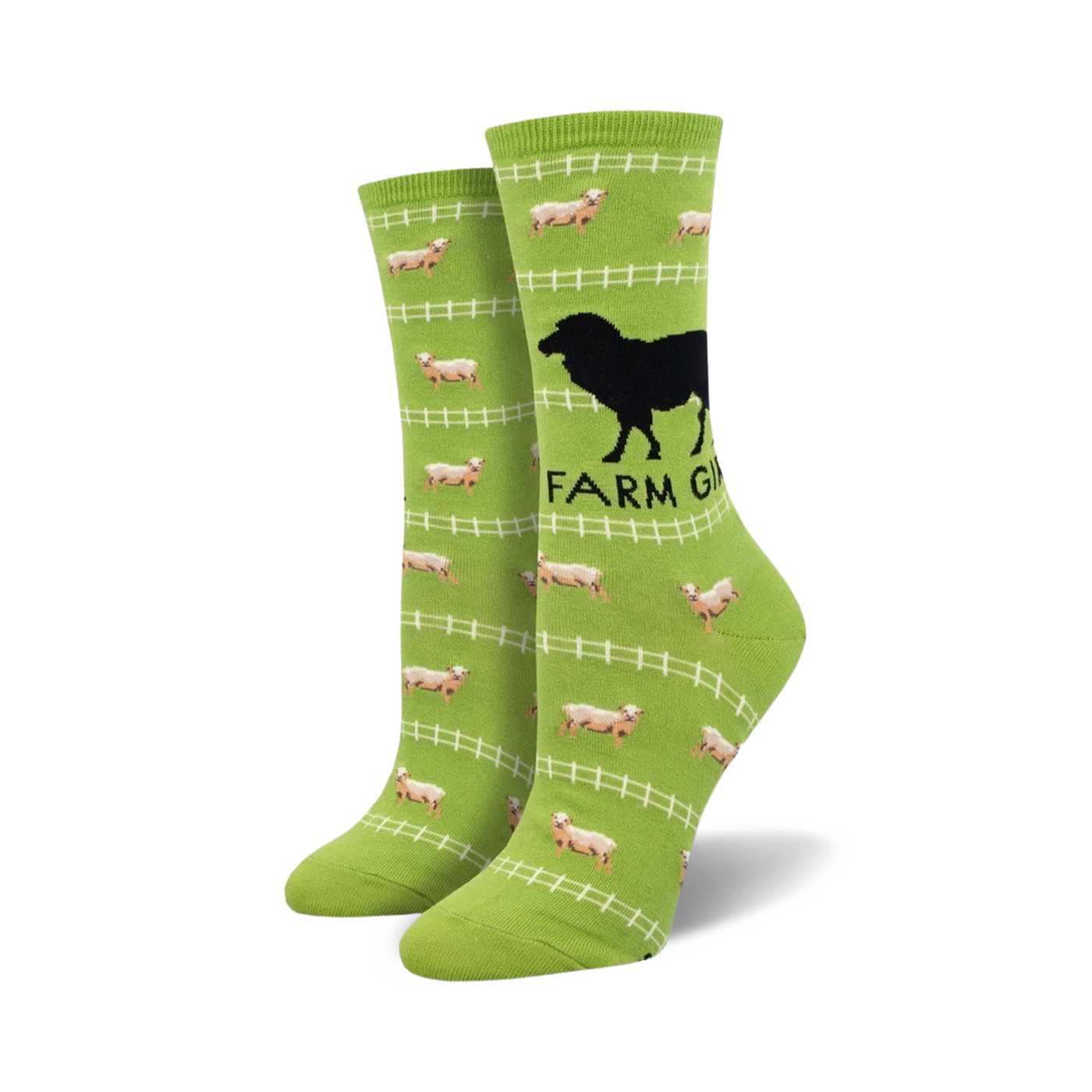 Lime green crew socks with a repeating pattern of sheep, fences, and a black silhouette of a dog. Text says 'Farm Girl'.
