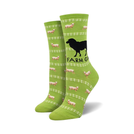 green socks with white sheep, black barbed wire design and "farm girl" side text for women.  