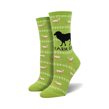 green socks with white sheep, black barbed wire design and "farm girl" side text for women.  
