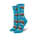 A pair of women's crew socks in teal blue. The socks are adorned with a repeating pattern of brown moose and light green spruce trees.