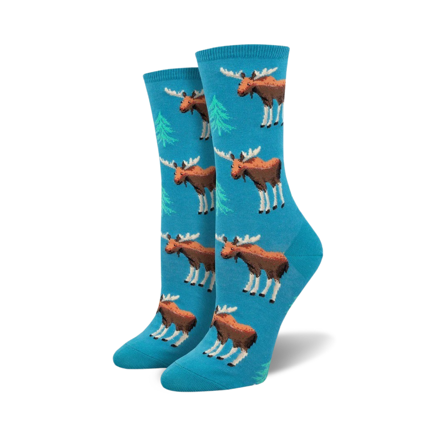 A pair of women's crew socks in teal blue. The socks are adorned with a repeating pattern of brown moose and light green spruce trees.