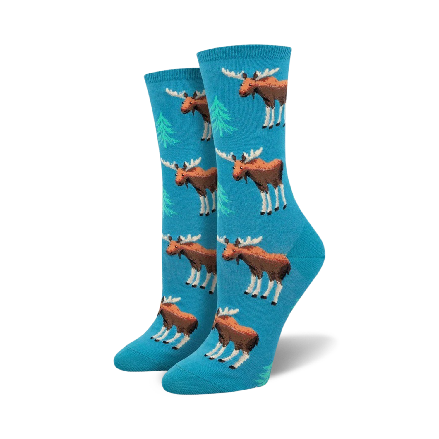 A pair of women's crew socks in teal blue. The socks are adorned with a repeating pattern of brown moose and light green spruce trees.