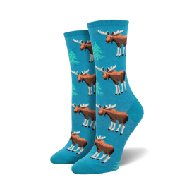 blue crew socks with a cartoon moose and green spruce tree pattern. these women's socks are made for adventurous and fun loving people.  