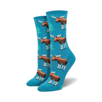blue crew socks with a cartoon moose and green spruce tree pattern. these women's socks are made for adventurous and fun loving people.  