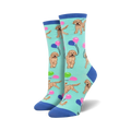 Pair of crew socks; teal background, goldendoodle dogs holding pastel balloons. Fun, playful design.
