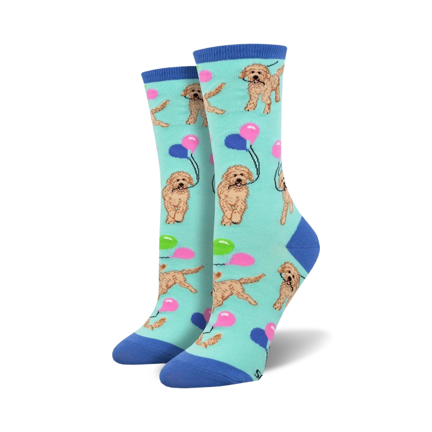 Pair of crew socks; teal background, goldendoodle dogs holding pastel balloons. Fun, playful design.