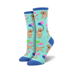 Pair of crew socks; teal background, goldendoodle dogs holding pastel balloons. Fun, playful design.