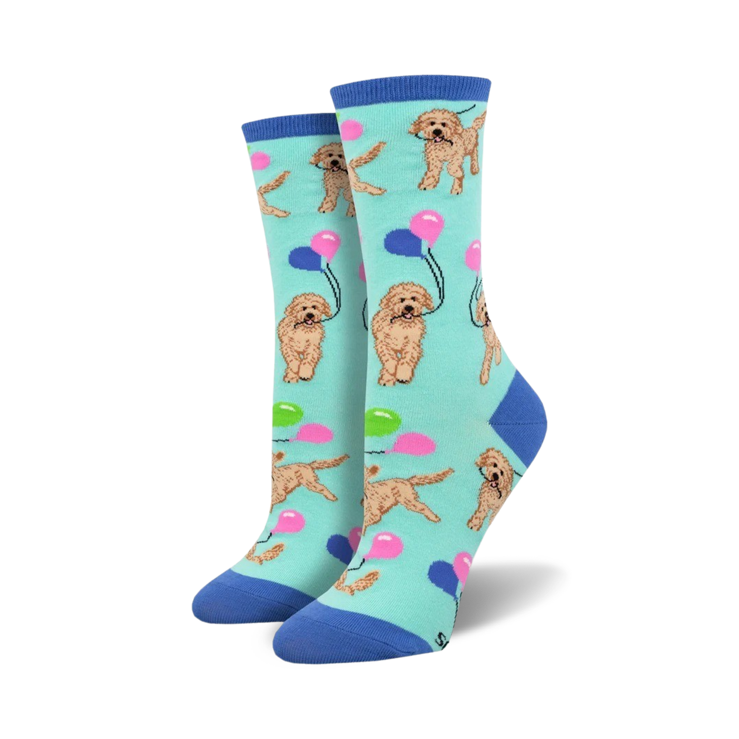 Pair of crew socks; teal background, goldendoodle dogs holding pastel balloons. Fun, playful design.