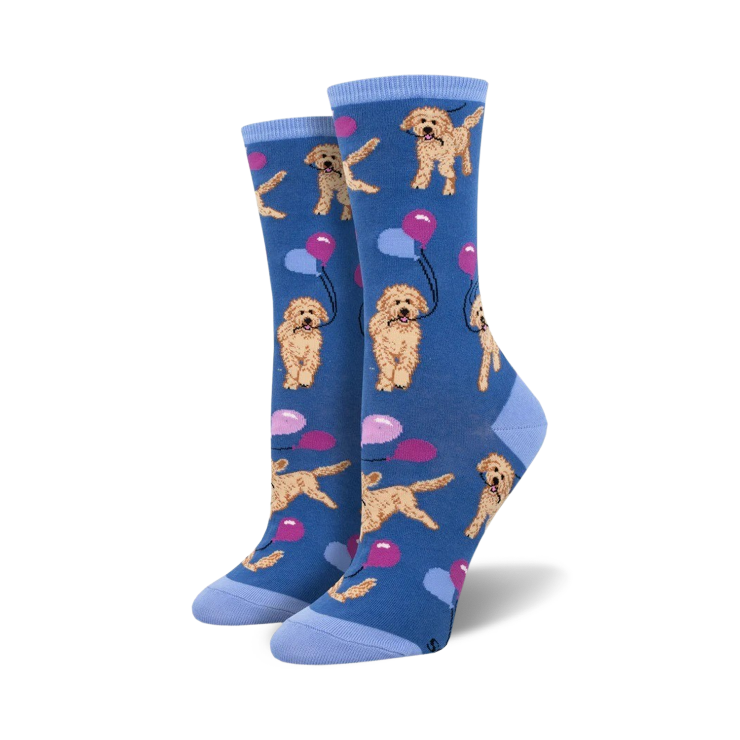 Lifestyle shot of a person wearing the blue Doodle Party socks, showcasing the design in a real-life setting.