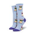 A pair of light blue crew socks with a repeating pattern of French Bulldogs wearing heart-shaped sunglasses. The socks have purple cuffs.