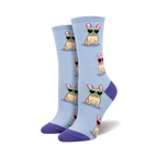 A pair of light blue crew socks with a repeating pattern of French Bulldogs wearing heart-shaped sunglasses. The socks have purple cuffs.