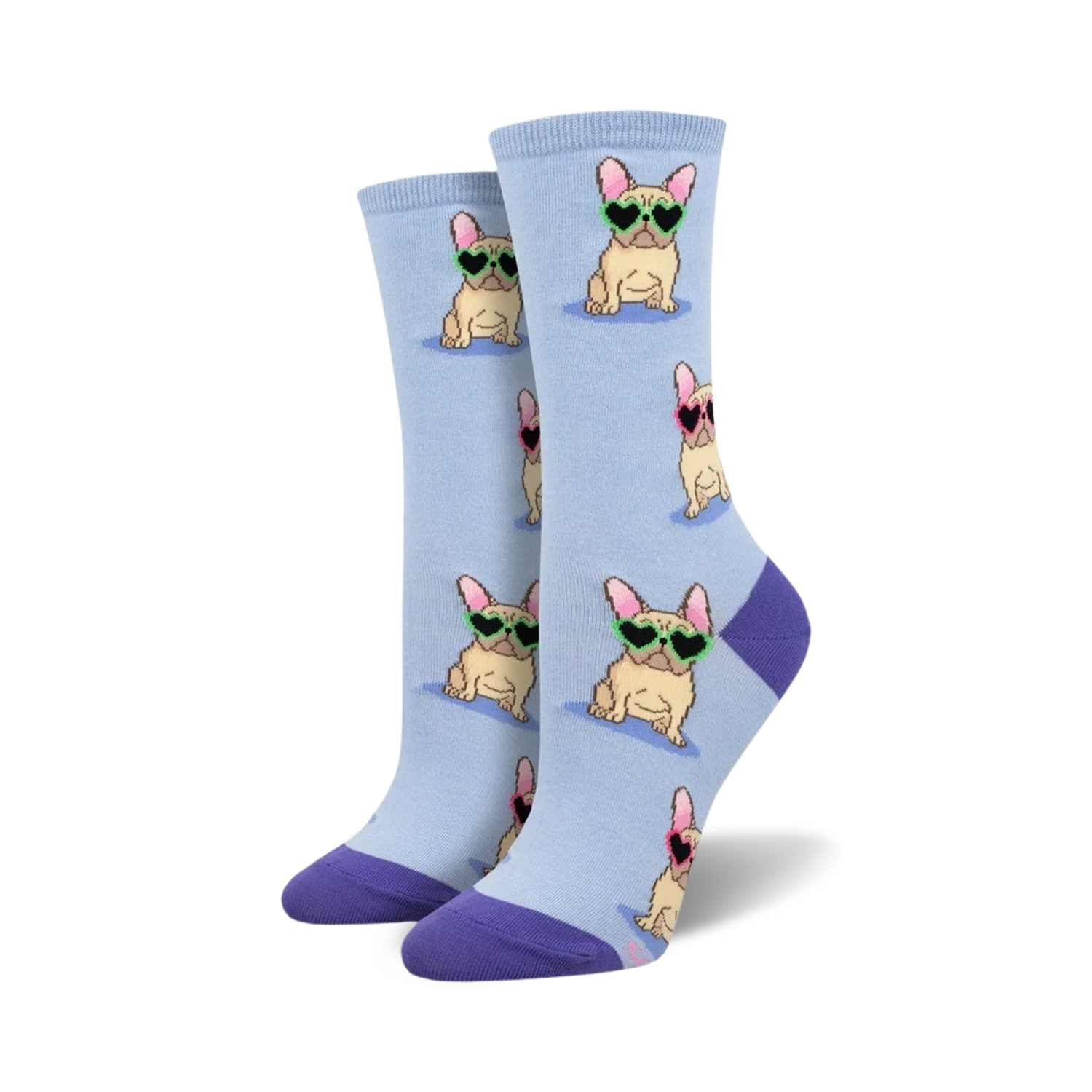 A pair of light blue crew socks with a repeating pattern of French Bulldogs wearing heart-shaped sunglasses. The socks have purple cuffs.