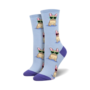A pair of light blue crew socks with a repeating pattern of French Bulldogs wearing heart-shaped sunglasses. The socks have purple cuffs.