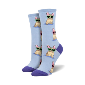 womens light blue frenchie fashion crew socks with cartoon french bulldogs, sunglasses, and green frames. purple toes and heels.  