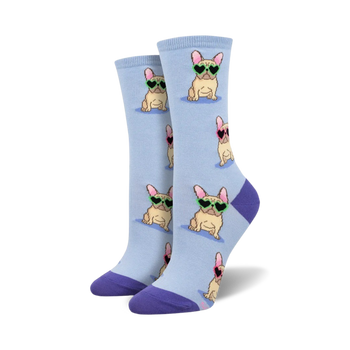 womens light blue frenchie fashion crew socks with cartoon french bulldogs, sunglasses, and green frames. purple toes and heels.  