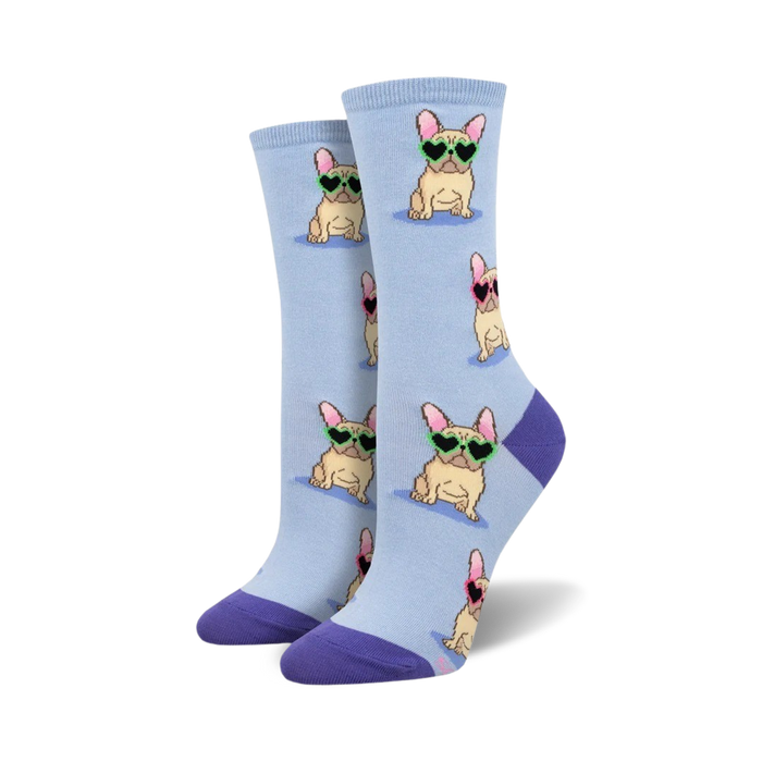 womens light blue frenchie fashion crew socks with cartoon french bulldogs, sunglasses, and green frames. purple toes and heels.   }}