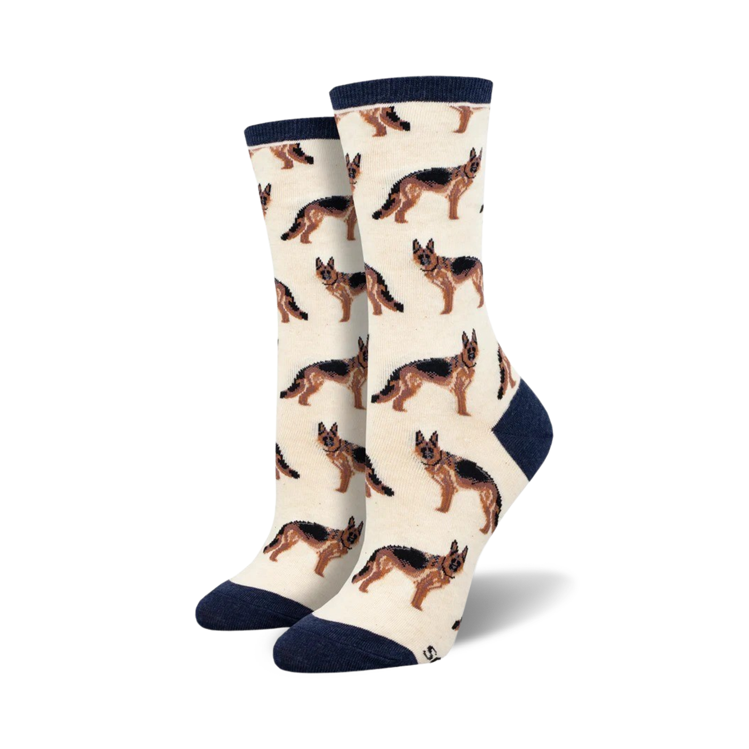 Cream crew socks with repeating German Shepherd dog pattern.  Dogs are brown and black; socks have navy blue cuffs.