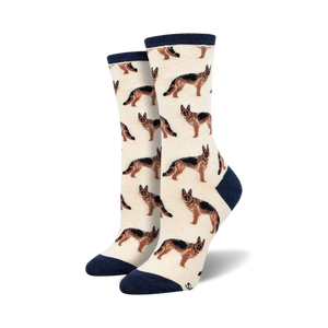 white crew socks with brown and black german shepherd pattern; women's sizes.  