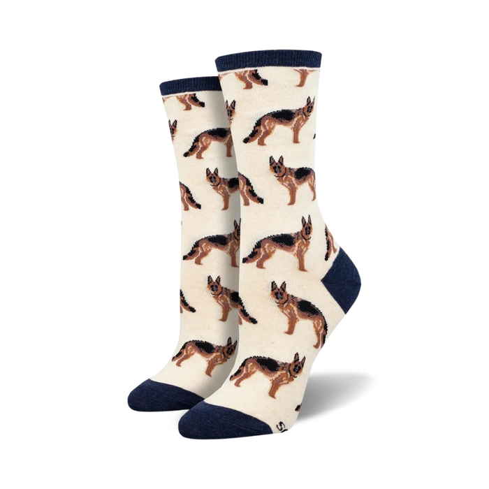 white crew socks with brown and black german shepherd pattern; women's sizes.  