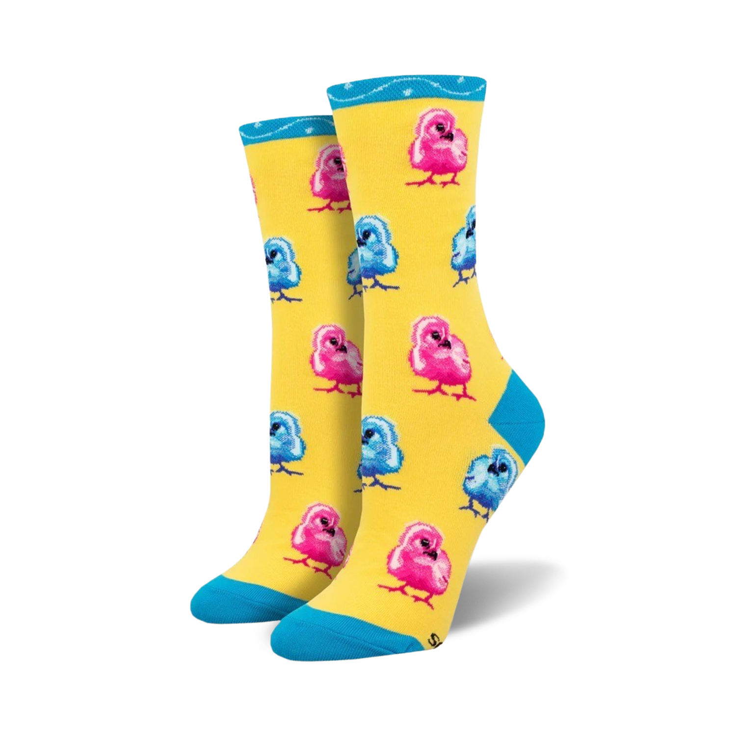 Pair of crew socks featuring a pattern of pink and blue chicks on a yellow background. Teal cuff detail.