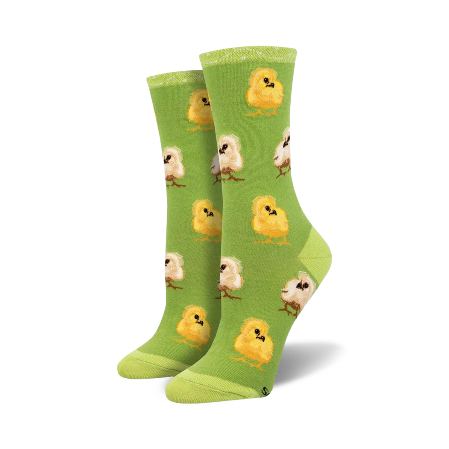Lifestyle shot showing the green chick socks on a model's feet.