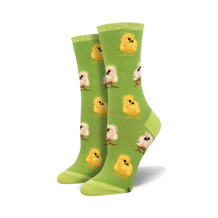 peep this! womens crew socks: bright green with pattern of baby chicks. add some fun to your wardrobe!   