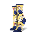 Crew socks in yellow, black, or mint green. Feature a repeating pattern of Rosie the Riveter flexing her bicep.