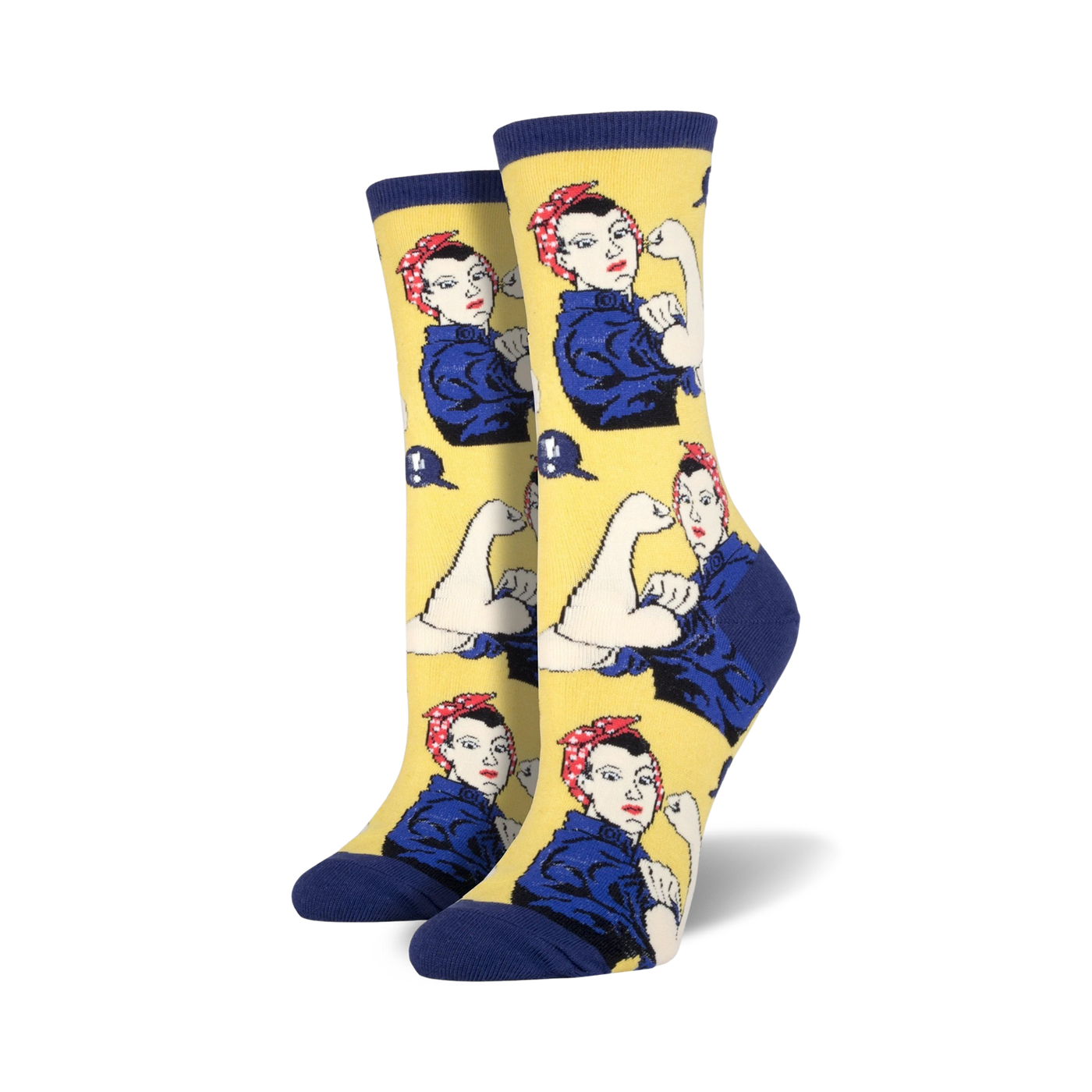 Crew socks in yellow, black, or mint green. Feature a repeating pattern of Rosie the Riveter flexing her bicep.
