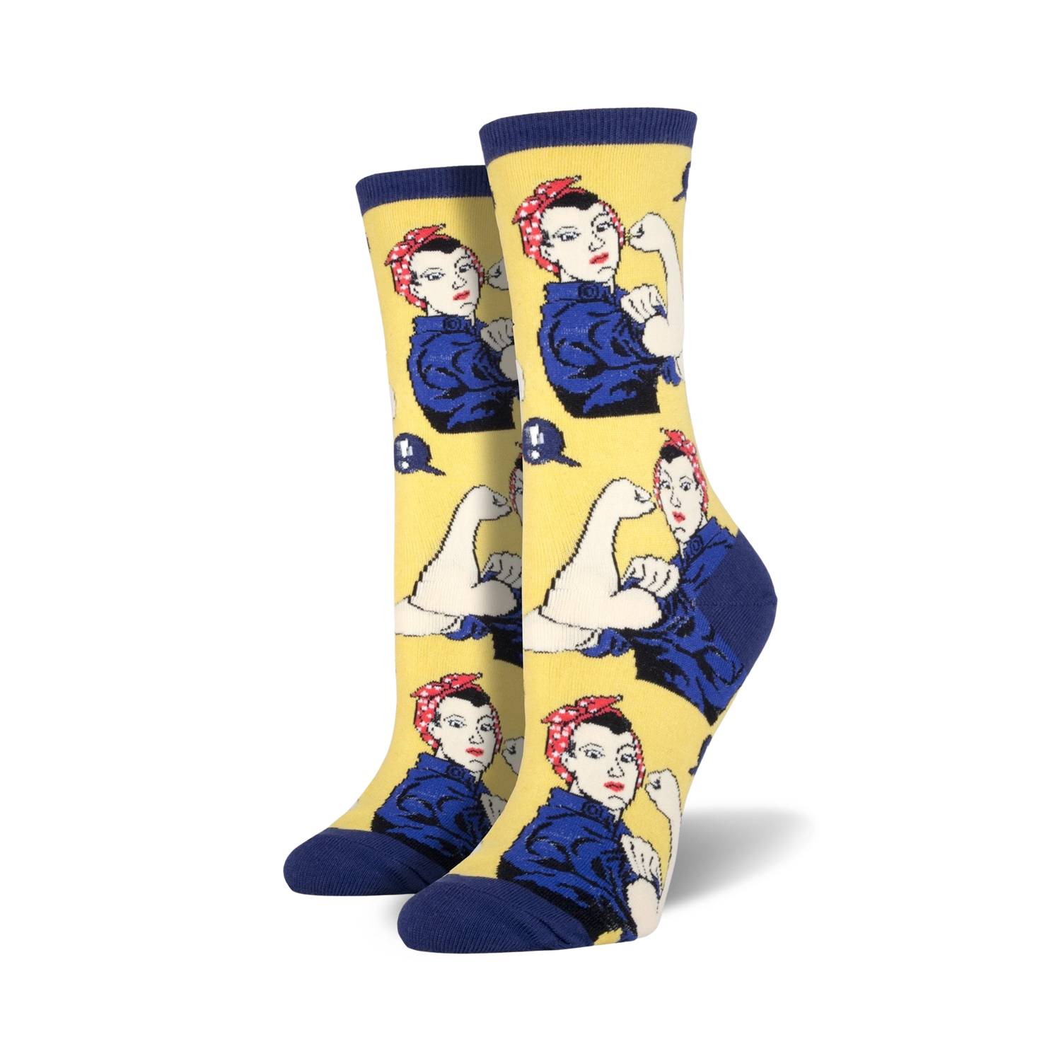 Crew socks in yellow, black, or mint green. Feature a repeating pattern of Rosie the Riveter flexing her bicep.