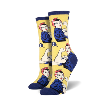 women's crew socks featuring rosie the riveter, an iconic symbol of strength and determination.  