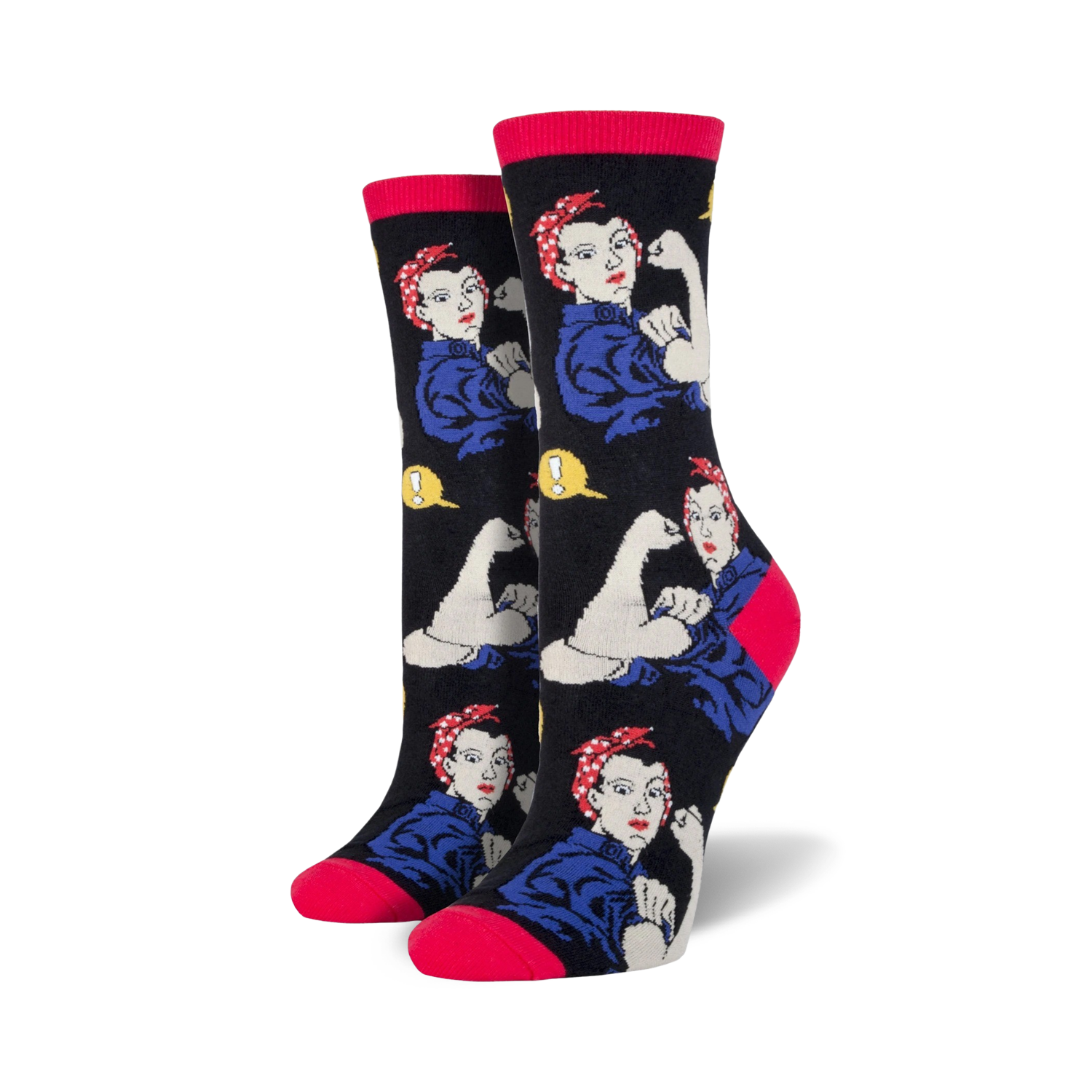 Lifestyle shot of Rosie the Riveter socks on a person's feet.