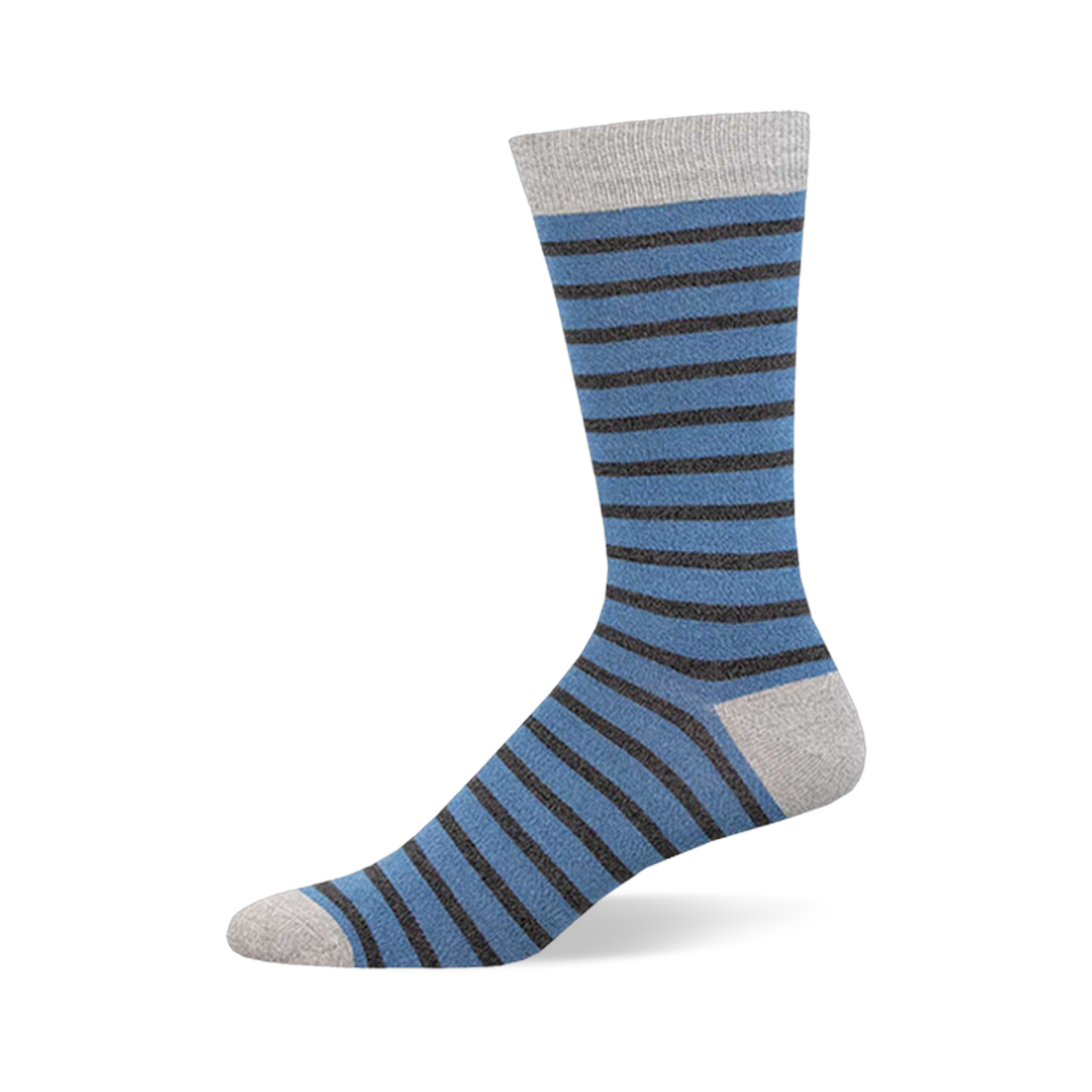Blue sock with horizontal dark grey stripes, light grey cuff, heel, and toe.