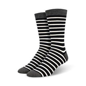 men's black and white striped bamboo socks with crew length.  