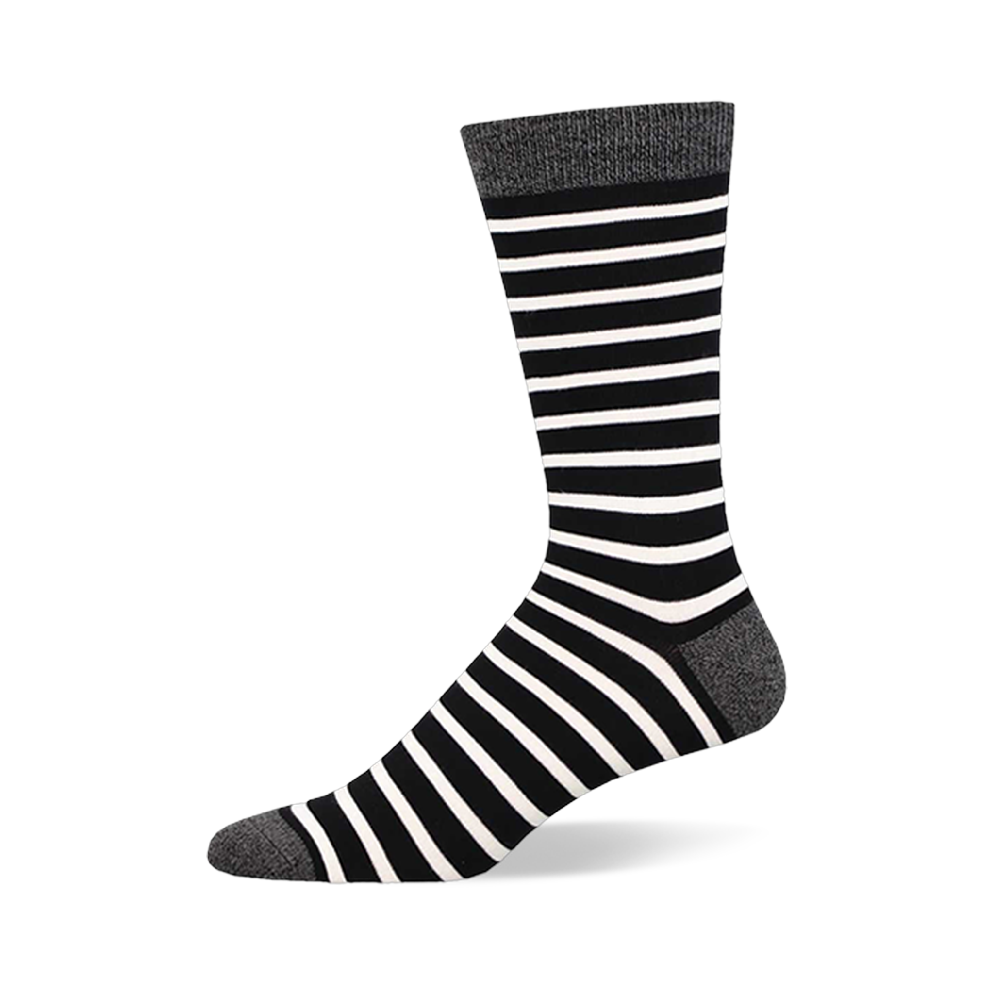 Sailor Stripe Bamboo sock: black & white horizontal stripes, dark gray cuff, heel, and toe.